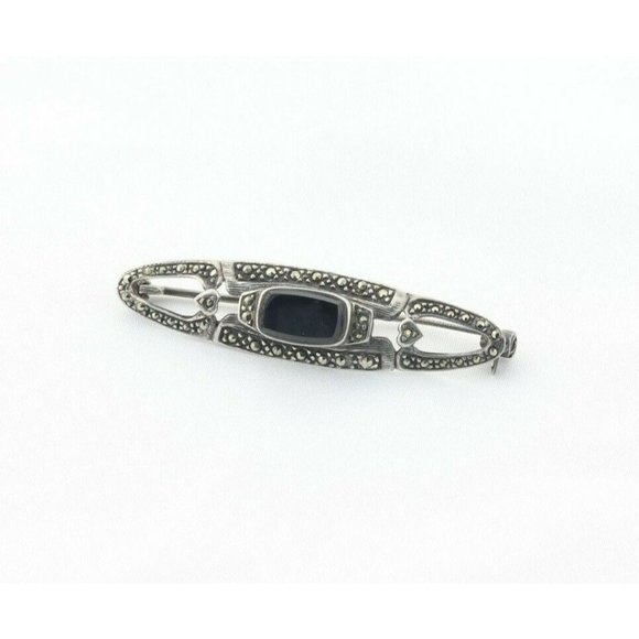 Sterling Silver Marcasite and Onyx Bar Pin Brooch - Picture 5 of 7